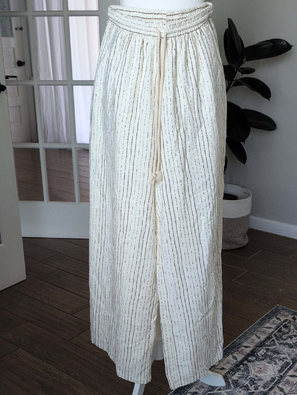 Idem Ditto Wide Leg Casual Drawstring Pants Women's Cream Striped Medium